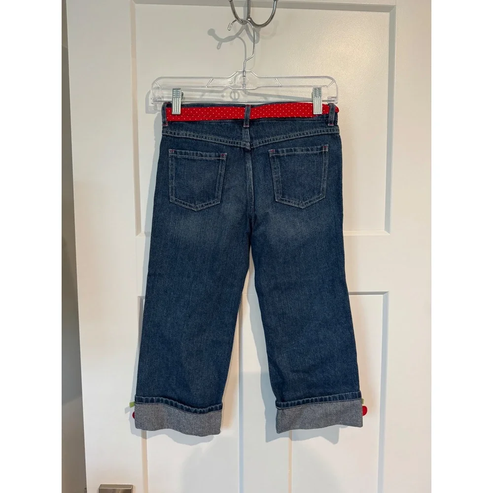 Gymboree Girls Cherry Applique Capri Jeans Red Polka Dot Belt Blue Denim Size 9